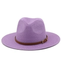 Lavender woven straw sun hat with brown leather band and gold buckle for beach outings - M (56-58cm) / Taro Purple