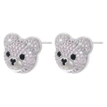 Detail of bear stud earrings featuring pink and black pave crystals on silver metal - Bear Head / Platinum Color Pink Zirconia