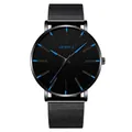 Slim Geneva men's watch featuring black mesh band and vibrant blue hands on dial - Mesh Band Black Case Blue Hands