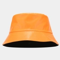 Detail of glossy orange PU leather bucket hat showing reinforced stitching and texture - M (56-58cm) / Bright Orange