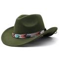 Detailed close-up of ethnic patterned band with turquoise stones on dark green wool fedora - Army Green