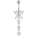 Silver butterfly navel ring with clear zircon crystals and triple stone drop pendant - Silver Butterfly