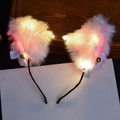 White plush cat ear headband with LED lights, golden bells, and white ribbon bows - Bell Headband / White + Warm Light