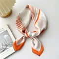 Elegant silk scarf with orange stripes and flower print on minimalist background - Orange FLOWER Pattern