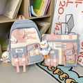 Cute blue-pink school backpack and crossbody bag set with cartoon charms and badges - 2-Piece Set (Backpack + Shoulder Bag) with Accessories / Blue