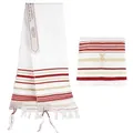 Jewish prayer shawl tallit in white and red stripes with matching storage bag and tassels - 52x180cm / White with Red Stripes