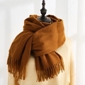 Soft caramel solid color faux cashmere scarf with long fringe trim for autumn and winter - Caramel color