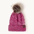 Detail of rose red cable knit beanie with fluffy fur pompom and brown leather brand patch - One Size / Rose Red