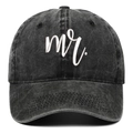 Close-up of Mr. embroidery on a vintage washed black denim baseball cap with curved brim - Black MR