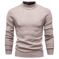 Slim fit men's turtleneck knit sweater in oatmeal with ribbed cuffs on white background - Mock Neck Khaki