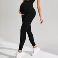Nahtlose schwarze Umstands-Yogahose mit hohem Bund und Bauchstütze für das Training - Schwarze Hose