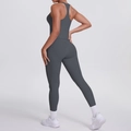 Detailed back view of a dark grey seamless racerback yoga set with compression fit leggings - S / Top And Bottom / Graphite Grey