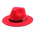 Close-up of red felt fedora hat featuring black leather band and gold chain details - Red