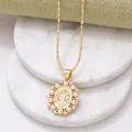 Golden religious heart pendant necklace with pearls and zircon on marble base - A-Religious Portrait Round/Pearl Border