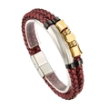 Men's double-layer braided red leather bracelet with silver, gold, and black metal accents - Silver Brushed Geometric Style (KB95841-K)