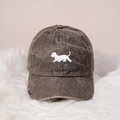 Close-up of vintage dark grey washed cotton baseball cap with white dog embroidery - One Size / Coffee