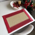 Rectangular woven table mat in red and gold fiber for Christmas holiday table decoration - Red Beige with Red Fringe