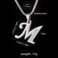 Silver letter M pendant necklace with sparkling crystals and stainless steel chain - Letter M + 70cm Chain