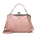 Pink retro PU leather handbag with vintage metal frame clasp and adjustable strap - Pink