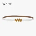 Adjustable white leather thin belt with elegant gold wave metal buckle for women - White