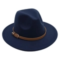 Detail of navy blue fedora hat featuring a brown leather band and metal buckle strap - M (56-58cm) / Navy Blue (Heart Buckle Belt)