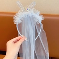 Light blue girls crown headband with lace rabbit ears and flowing tulle veil - Star Blue Rabbit Ears