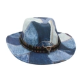 Retro patchwork denim western cowboy hat with ethnic weave band and bull skull ornament - One Size / Light Blue