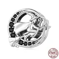 Halloween witch silhouette charm in S925 sterling silver with black zircon stones - Broomstick Witch (SCC2405)