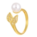 Adjustable golden ring with large white pearl and zircon-studded leaf accents - Gold Double Leaf Pearl Pave Zirconia Ring (DZ-023)