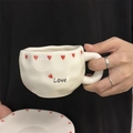 Korean style white ceramic coffee mug featuring red hearts and Love text with saucer - Little Heart Love