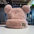 Pink plush winter beanie with cute bear ears and fuzzy fleece lining for women - Gold Bear Pink