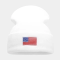 Winter white knit beanie with American flag embroidery patch and classic folded cuff - One Size / White