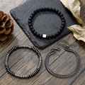 Men's hip-hop bracelet set with lava stone beads and layered silver metal chains - 3 Pcs Set Lava Stone Abacus Beads Woven Chain