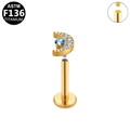 Gold G23 titanium labret stud with crescent moon set with blue and clear zircon stones - Blue & Clear Zirconia Moon / Internal Threaded / Gold