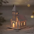 White wooden Christmas church ornament with warm LED lights and a snowy pine tree - Medium White House - Castle