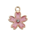 Pink enamel cherry blossom flower charm with gold trim and rhinestone center - Rhinestone Sakura 13.6x16.5mm