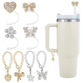 8-piece set of rhinestone heart and bow cup charms with metal chains in gold and silver - 10mm / Combo 2 (Rhinestone Heart Butterfly)