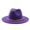 Classic purple woolen jazz fedora hat with khaki leather belt and golden metal buckle - One Size(58cm) / Purple