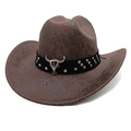 Dettaglio cappello cowboy vintage marrone con fibbia a teschio di toro e borchie - M(56-58cm) / Caffè Serpente