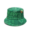 Detail of St. Patrick's Day green bucket hat featuring Happy St. Pat's Day letter printing - Green Base Festival Slogan Hearts Texture (G)