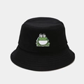 Close-up of a smiling cartoon frog embroidery on a black cotton bucket hat - M (56-58cm) / Black
