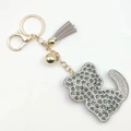 Cute cartoon cat keychain with gray crystals, gold hardware and matching leather tassel - Gray