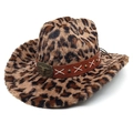 Leopard print western cowboy hat with a metal bull head buckle and leather band - M (56-58cm) / Light Brown Straight Crown