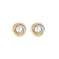 Three-tone stainless steel interlocked stud earrings with center brilliant crystal - Tricolor Twisted Studs (E305068) - Mixed