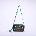 Crossbody camera bag with colorful owl print and green zipper tassels on white background - Green Owl