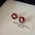 Detail of camellia stud earrings with dark red enamel, rhinestones, and center pearl - Camellia with Pearl & Rhinestone (Silver Pin - Real Gold Plated)