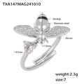 Titanium steel honey bee ring with drip oil finish and heart-shaped zircon stone - Silver Bee Ring - Size 7 (TXA147)
