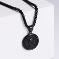 Black Queen Elizabeth II coin pendant necklace on square link chain with geometric display - Black Color (No Chain)