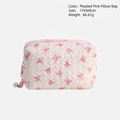 Pleated white cosmetic bag with pink bow pattern and pearl charm, size 17x9x9cm - Pink White Bow Pillow Bag