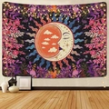 Detail of bohemian sun and moon tapestry with floral patterns and warm fairy lights - Sun Moon Face Starry Sky
